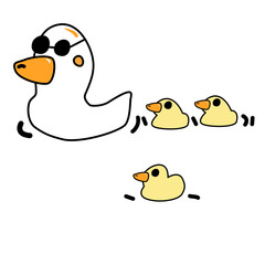 A Cartoon duck swimming with three ducklings following close behind