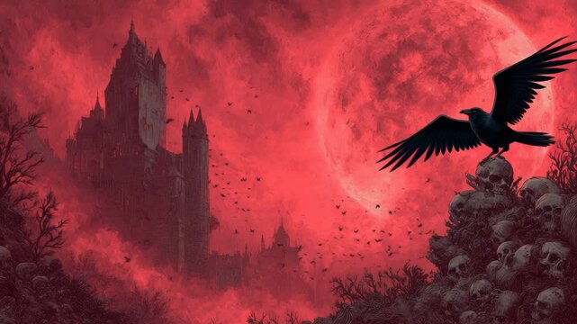 Gothic Horror Scene Ominous Raven on Skull Before Red Moon Castle