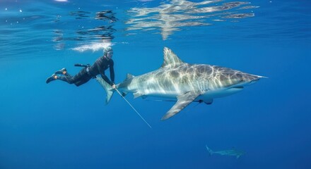 Oceanic embrace exploring underwater world with great white shark encounter in deep blue sea
