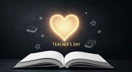 Open book on a dark background with a glowing heart and 'Teacher's Day' text, surrounded by chalk drawn stars and books, symbolizing education and gratitude.