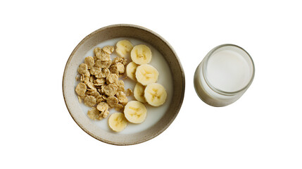 Breakfast Cereal with Banana and Milk, isolated on transparent background