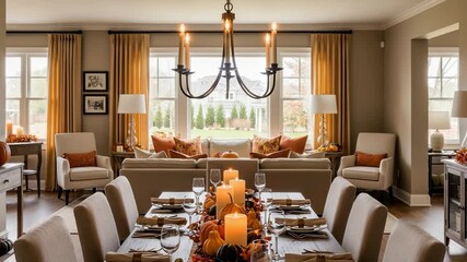 Elegant dining room set for a Thanksgiving dinner feast. Cozy living room with autumn decorations in a modern home.