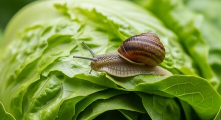 Brown Garden Snail Crawling on a Fresh Green Lettuce Leaf