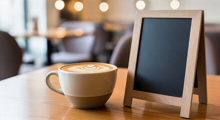 A cup of coffee and a blank chalkboard sign on a wooden table in a blurred cafe setting indoors scene view