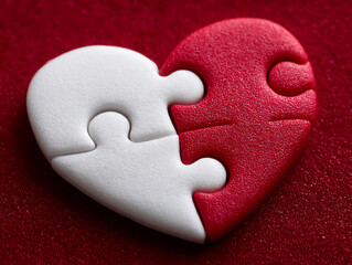 Obraz premium top-down photograph of scattered puzzle pieces gradually fitting together to form a whole heart shap