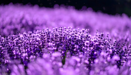 Close Up View of Lavender Field with Purple Blooms and Soft Focus Background