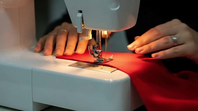 Closeup of a sewing machine needle stitching red fabric, highlighting the process of tailoring and garment creation