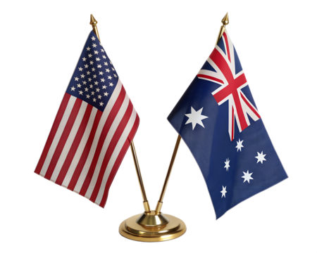 American and australian flags on a golden stand isolated on transparent background
