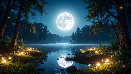 Moonlit Night Scene Above Peaceful Lake Surrounded By Dark Forest Reflection With Glows