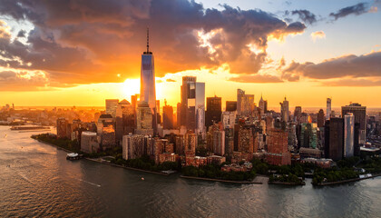 New York City Skyline Illuminated By Fiery Sunset Over Water With Buildings and Clouds