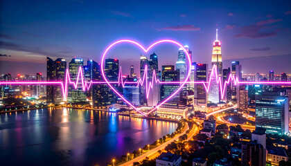 Night City Skyline Illuminated With Neon Heart And Pulse Representing Health and Love in a Modern Urban Landscape