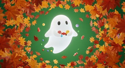 Cute White Ghost with Big Eyes Surrounded by Autumn Maple Leaves in Green Background