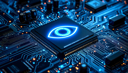 Glowing Blue Eye Symbol on a Microchip Circuit Board Illustrating Artificial Intelligence