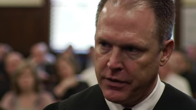 A white middle-aged male at work, intense focus on his expression, blurred background of courtroom audience