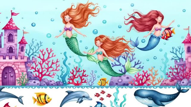 Watercolor Mermaid and Sea Creature Border Background for Crafts and Decoration