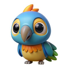 Adorable cartoon baby blue parrot with big expressive eyes and colorful feathers isolated on transparent background