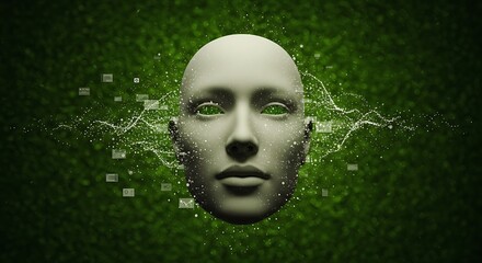 Digital Human Face Surrounded by Data Particles in Green Background
