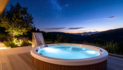 Round Illuminated Spa on Wooden Deck Under Starry Night Sky with Waterfall and Panoramic Mountain View