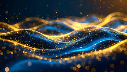 Abstract Wavy Background with Blue and Gold Particles and Glowing Effects