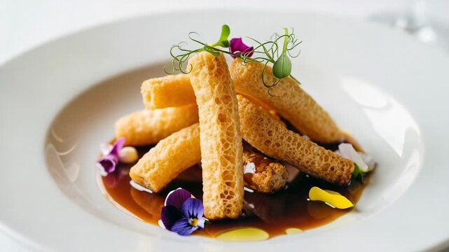Gourmet dish with crispy breadsticks in a rich sauce, garnished with edible flowers and microgreens. Fine dining appetizer on a white plate.