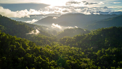 Aerial View of Lush Green Mountains with Sunlight Peeking Through Clouds and Fog Creating Scenic Landscape