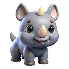 Adorable cartoon baby rhinoceros with a single horn cute animal character isolated on transparent background