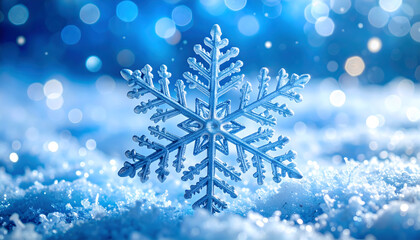 Macro Photograph of a Detailed Blue Snowflake Resting on Textured Snow in Winter
