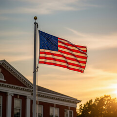 American flag waving against sunset sky with brick building background suitable for patriotic, governmental, political, or historical themed projects.