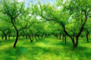 Lush green orchard scene