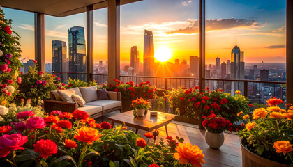 Rooftop Terrace Garden with Blooming Flowers at Sunset in Modern Cityscape Setting