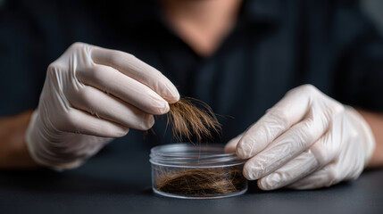 Focused crime scene investigators follow evidence based procedures, carefully collecting hair sample for analysis in forensic lab