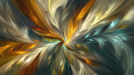 Abstract Art with Feathery Strokes of Gold, Teal, and Cream Colors Blend Harmoniously