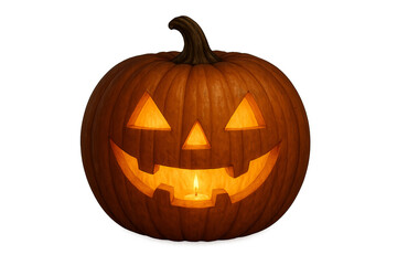 Obraz premium Ultra-realistic carved Halloween pumpkin jack-o’-lantern with glowing candlelight, isolated on transparent background for seasonal decoration and design use