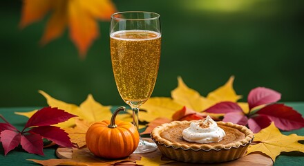 Festive Autumn Scene with Pumpkin Pie and Sparkling Beverage on Colorful Leaves