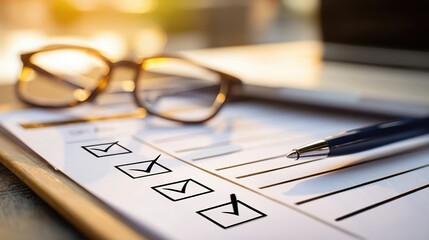 office checklist with pen and glasses on paper