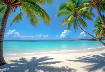 Scenic tropical beach with turquoise ocean, palm trees, and bright sandy shore—perfect for vacation ads, wellness themes, and exotic travel content.