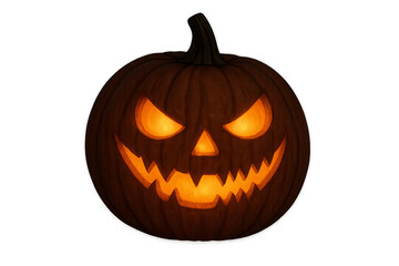 Ultra-realistic carved dark Halloween pumpkin jack-o&rsquo;-lantern with glowing candlelight, isolated on transparent background for seasonal decoration and design use