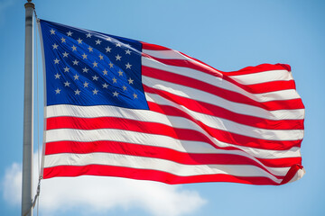 Obraz premium Us flag waving on a pole evokes patriotism perfect for fourth of july promotions, american holidays, or political campaigns.