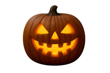 Ultra-realistic carved Halloween pumpkin jack-o&rsquo;-lantern with glowing candlelight, isolated on transparent background for seasonal decoration and design use