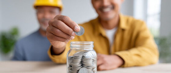 Happy worker planning for social security with future funding policy. Man saving money in jar for investment and secure retirement