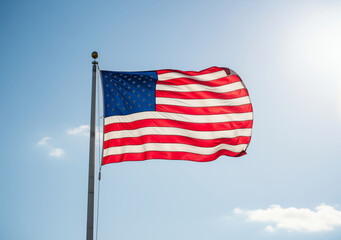 Fototapeta premium Waving american flag against blue sky. Suitable for patriotic themes, fourth of july, independence day celebrations, pride, and national holidays.