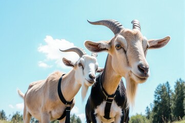 Fototapeta premium Two Goats Standing Outdoors Under a Clear Blue Sky