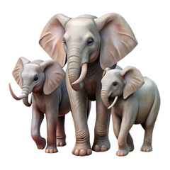 Three realistic white elephants a large adult and two smaller juveniles standing together isolated on transparent background