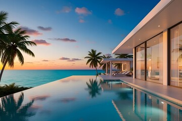 Luxury oceanfront villa with infinity pool at tropical sunset