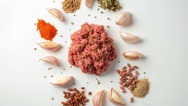 Culinary Composition, A Medley of Ground Meat, Garlic, and Diverse Seasonings Arrangement