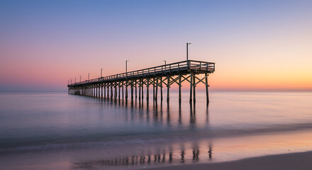 Fototapeta premium A tranquil wooden pier extends into the calm ocean waters under a breathtaking twilight sky, showcasing stunning pastel reflections and serene coastal beauty at dawn.