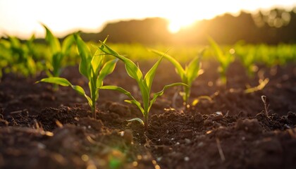 Young corn plants in fertile soil at sunrise