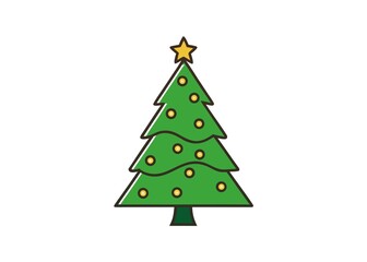 Simple Green Christmas Tree with Yellow Ornaments and Star Topper on White Background