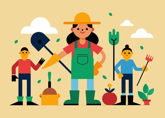 Happy family gardening together in the backyard with gardening tools and plants illustration