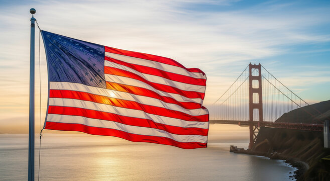 United states flag with the golden gate bridge in the background, perfect for patriotic designs or marketing campaigns with an american theme.